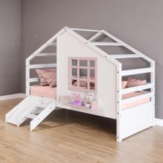 Cama Casinha Com Janela E Escada- Escorregador Madeira Maciça Branco- Rosa Housin