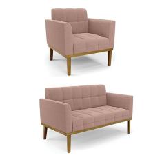 Namoradeira 2 Poltronas Base Madeira Fixa Cast Elisa Bouclê Rosê D03 - D`rossi