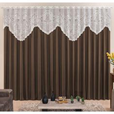 Cortina Nicole 3 Metros Tabaco Tecido Microfibra Com Renda Floral Sala Quarto