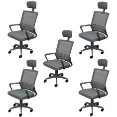 Kit 5 Cadeiras para Escritório Presidente Lyon Alta em Tela Mesh Cinza