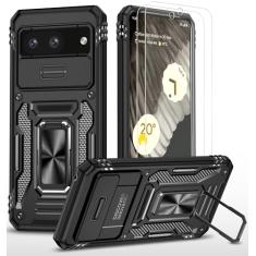 Ezanmull Capa para celular Google Pixel 8A com capa de câmera deslizante + protetor de tela (2 pacotes), suporte de anel rotacionado, capa protetora à prova de choque de grau militar para Google Pixel
