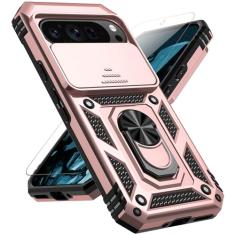 Capa para Google Pixel 9 / Pixel 9 Pro com protetor de tela para câmera deslizante [teste de queda de grau militar] Capa protetora para celular com suporte de anel magnético para Google Pixel 9/9 Pro,