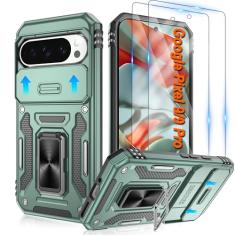 Capa para Google Pixel 9/9 Pro com [2 unidades] protetor de tela HD + capa de câmera deslizante, suporte de anel de rotação [grau militar], verde alpino