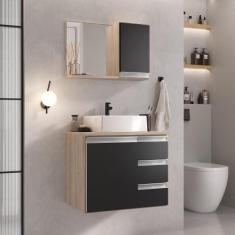Conjunto Gabinete Banheiro Completo Prisma 60cm - Madeirado/Preto - MO