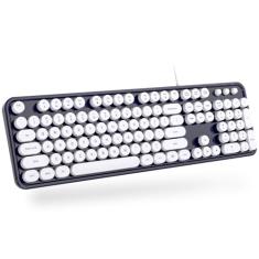 MOWUX Teclado de computador com fio, teclado de máquina de escrever redondo retrô Plug Play, teclado com fio de tamanho completo com suportes dobráveis para laptop e PC de escritório