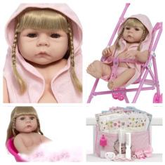 Bebê Reborn Menina Realista Roupão Carrinho Enxoval Completo - Cegonha