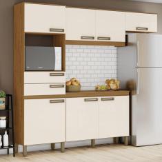 Cozinha Compacta 1 Balcão com Tampo 1  Armário Alto e 1 Armário Aéreo 2 Gavetas 7 Portas B107 Briz Marrom/Off White