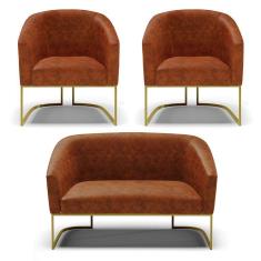 Sofá Namoradeira e 2 Poltronas Base Industrial Dourado Stella Corano Nozes D03 - D`Rossi