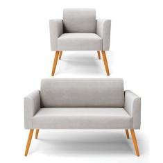 Sofá Namoradeira com Poltrona Pés Palito Castanho Marisa Veludo Cinza 