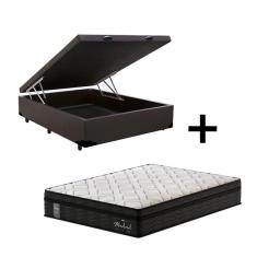 Cama Box Baú Casal Sintético Marrom com Colchão de Molas Ensacadas - Madrid - Probel - Preto