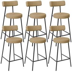 Kit 06 Banquetas Baixa Para Cozinha Sala De Jantar Bancada Milão L02 Linho Bege Escuro - Lyam Decor