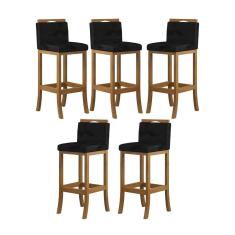 Kit 5 Banquetas Média Encosto Estofado 38x92Cm Ilha Turim Madeira Maciça Amêndoa Suede Preto CCS