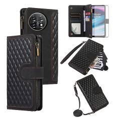Asuwish Capa de telefone para OnePlus 11 5G capa carteira com protetor de tela de vidro temperado e alça transversal para pulso flip zíper suporte para cartão de crédito celular One Plus11 1 Plus