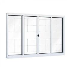 Janela de Aço de Correr 100x120cm 4 Folhas com Grade e Vidro Liso Riobras Branco