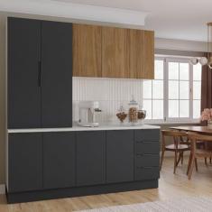 Cozinha Modulada 4 Peças com Tampo com Rodapé 2 Aéreos e 2 Balcões Ipanema CabeCasa MadeiraMadeira Grafite Trama/Acácia