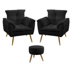 Kit 2 Poltronas Decorativas Estofada Opala e Puff Solar Sued Preto Ara