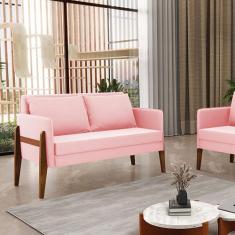 Sofá 2 Lugares Namoradeira Lana Suede Rosa Bebê Base de Madeira D03 - 