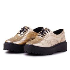 Tenis Oxford Plataforma Couro Feminino Metalizado Cadarço Solado Borracha Bico Redondo-Feminino
