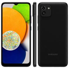 Smartphone Samsung Galaxy A03 Preto, 64GB, 4GB RAM, Tela Infinita de 6.5", Câmera Dupla Traseira, Bateria 5000 mAh e Processador Octa Core