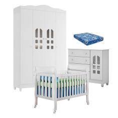 Quarto De Bebê New Selena 4 Portas Com Berço Lila E Cômoda Selena Branco Brilho E Colchão Ortobom – Carolina Móveis