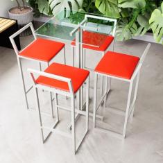 Conjunto Mesa Alta Bar Bistrô Quadrada Vidro 4 Banquetas Confort Estof
