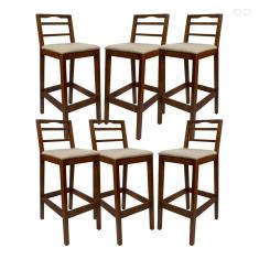 Kit 6 Banquetas Alta para Cozinha Grécia em Madeira Castanho Linho Bege CCS