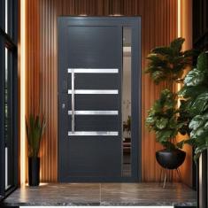 Porta Pivotante de Alumínio 210 x 120cm com Visor, Friso e Fechadura Digital Linha 30 Esquerda Preto