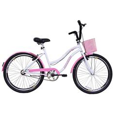Bicicleta Retrô Vintage Aro 26 Feminina Beach Rosa com Branco