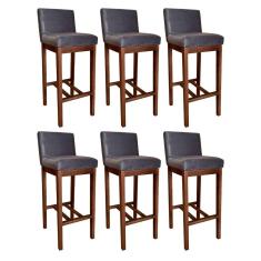 Kit 6 Banquetas Alta Estofada Lisboa 100 Cm Madeira Maciça Suede Cinza CCS