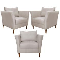 Kit 3 Poltronas Decorativa Sala de Estar Pés Palito Lubbock Couro Off 