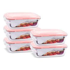 KIT 5 Potes de Vidro Retangular com Tampa Hermética 1520ml Cor:Vermelho (QH)