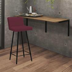 Kit Mesa Suspensa de Parede Fixa mdf Caramelo + 1 Banqueta Lexi Ferro Preto Suede Bordô - Ahazzo Móveis