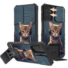 Capa para celular Samsung Galaxy A54 5G com capa de câmera deslizante e suporte capa protetora híbrida à prova de choque de camada dupla para Samsung A54 2023 6,4 polegadas, gato com fones de ouvido