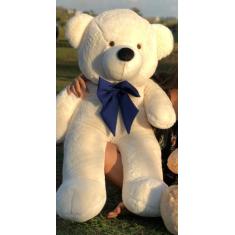Urso Gigante Pelúcia Grande Teddy 1,10 Metro - Baunilha - Laço Azul - 
