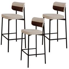 Kit 03 Banquetas Alta Bar Cozinha Sala De Jantar Aço Preto Kaira C01 Linho Areia Courino Whisky - Lyam Decor