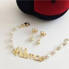 Conjunto Pulseira Manuscrito Infantil + Brinco Pérola Banho De Ouro