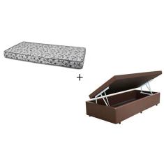 Cama Box Baú Solteiro 88 - Tecido Sintético Marrom Com Colchão Nápoles Bello Box - 100% Espuma - D33 Branco 55x88x188