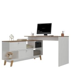 Escrivaninha Em L Retrô 136x120cm Com Estante Para Livros 4 Prateleiras Branco-nogal