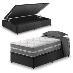 Cama Box Com Baú Solteiro King Preto + Colchão Molas Ensacadas Miami 96x203x64cm