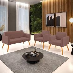 Sofá Namoradeira com 2 Poltronas Pés Palito Castanho Marisa Veludo D03 - D`Rossi