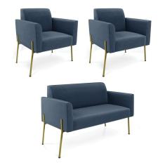 Sofá Namoradeira e 2 Poltronas Pé de Ferro Dourado Marisa Suede Azul Marinho D03 - D`Rossi