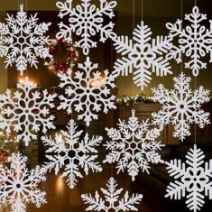 12 peças de decorações grandes de floco de neve de 30 cm – flocos de neve gigantes pendurados, flocos de neve de plástico para decoração de Natal interna e externa, decorações de varanda e árvore