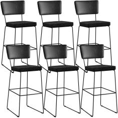 Kit 06 Banquetas Altas Sala Jantar Fixa Allana L02 Couríssimo Preto Linho Chumbo - Lyam Decor