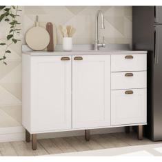 Balcão Para Cozinha 2 Portas 3 Gavetas Provençal sem Tampo Iluminata Genialflex Branco Fosco