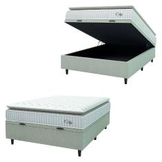Cama Box Baú Colchão Casal Molas Ensacadas City Pillow Top 138x188x64cm Branco / Bege Hellen - Suporta até 110kg por Pessoa