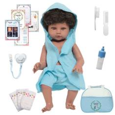 Boneco Reborn Realista Olho Castanho Roupão Azul + Itens - Cegonha Reb