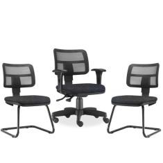 Kit Cadeira De Escritório Giratória E 2 Cadeiras Chumbo
