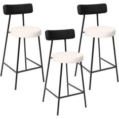 Kit 03 Banquetas Baixa Cozinha Sala Jantar Bancada Milão L02 Couríssimo Preto Linho Cru