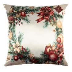 Capa Almofada Cetim Guirlanda Com Enfeites De Natal 43x43cm Verde Vermelho