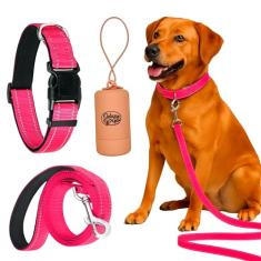 Daizzy Gear Conjunto de coleira, coleira e bolsa para cães altamente refletivos – Coleira de camada dupla durável de 1,5 m para cães pequenos, médios e grandes – Conjunto de mão macia com conforto